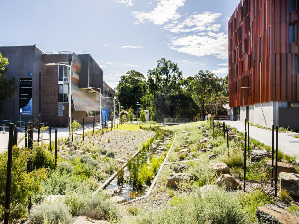 GLAS has designed the landscape to accompany the new student accommodation for Monash University’s Peninsula campus. The design includes a restored creek as a the centre piece of the social landscape.