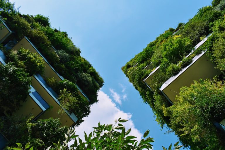 looking up at two multi-story buildings that have lots of green plants growing